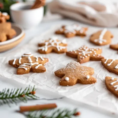 The Best Sugar-Free Gluten-Free Holiday Desserts Everyone Will Love 5 Coconut Sugar Gingerbread Men (Dairy-Free, Nut-Free, Gluten-Free) decorated with simple white icing on parchment paper under warm natural light.