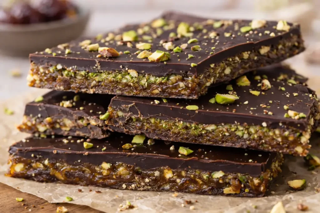 Stacked slices of chocolate date bark with visible date and pistachio layers