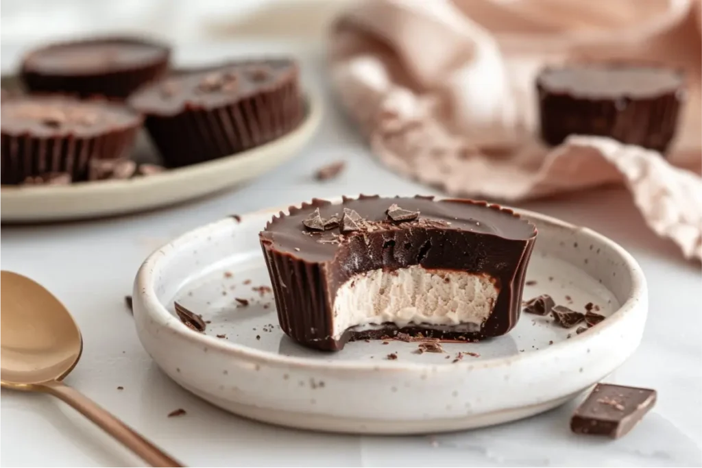 The Best Crispy Frozen Chocolate Crack Cups You’ll Ever Make (Gluten Free, No Bake) 3 Ultra-close frozen chocolate crack cups with a thin glossy dark chocolate shell broken open to show a soft creamy center that is lighter in color, arranged on a pale ceramic plate with scattered chocolate crumbs, styled on a clean neutral stone surface in soft natural window light with a cozy modern feel, gluten-free no-bake dessert.