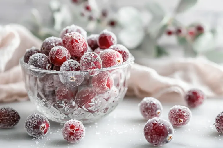 Gluten-Free Candied Cranberries (Crisp, Sparkly & Easy to Make) 13 Sparkly sugar-coated ruby cranberries with a crisp frosted texture in a small glass bowl, styled on creamy white marble and parchment with soft blush and sage accents, natural window light, shallow depth of field, cozy refined holiday kitchen mood, realistic gluten-free finish.