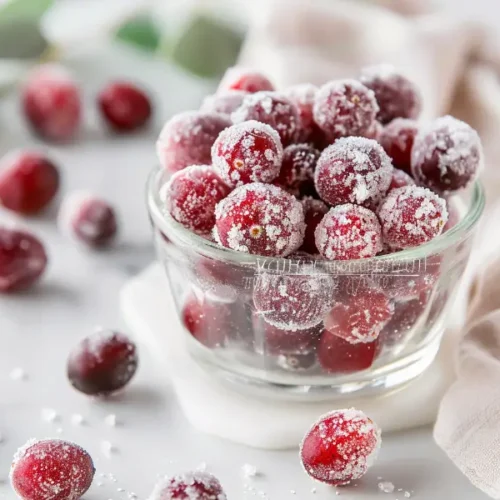 Gluten-Free Candied Cranberries (Crisp, Sparkly & Easy to Make) 2 Gluten-Free Candied Cranberries (Crisp, Sparkly & Easy to Make) shown as a close-up final dish with frosted sugar coating, ruby-red color, soft natural light, and a clean neutral background.