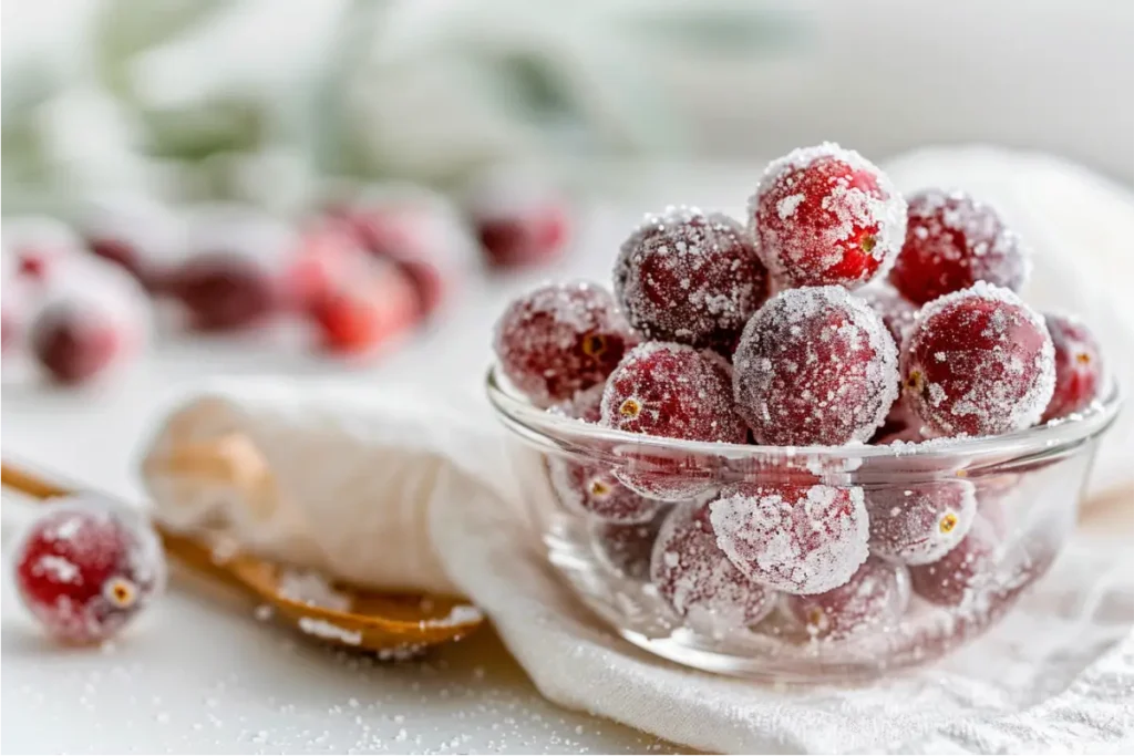 Gluten-Free Candied Cranberries (Crisp, Sparkly & Easy to Make) 3 Gluten-Free Candied Cranberries with sparkly sugar-coated ruby cranberries and a frosted crunch finish in a small glass bowl, styled on creamy white marble and parchment with soft blush and sage accents, gentle natural window light, shallow depth of field, cozy refined holiday mood, realistic gluten-free texture with visible sugar crystals.