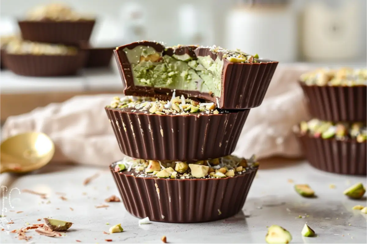 Gluten-Free Dubai Chocolate Cups – Viral Healthy Treat Recipe 1 ultra-close view of gluten-free dubai chocolate cups with glossy dark chocolate shells, creamy pistachio-tahini filling, white chocolate drizzle, crushed pistachios, warm natural window light, soft pastel blush and sage accents, gold spoon and linen napkin on a clean neutral countertop, cozy modern texas-mom kitchen atmosphere