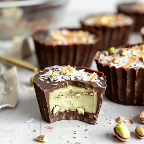 Gluten-Free Dubai Chocolate Cups – Viral Healthy Treat Recipe 2 gluten-free dubai chocolate cups with pistachio filling and white chocolate drizzle on a clean neutral surface