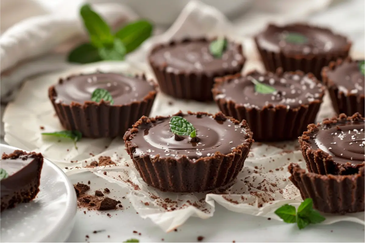 The Best Sugar-Free Gluten-Free Holiday Desserts Everyone Will Love 1 Rich no-bake chocolate mint cups with a silky peppermint ganache and chewy nutty crust, styled on a neutral plate in warm natural light, gluten-free and sugar-free holiday dessert