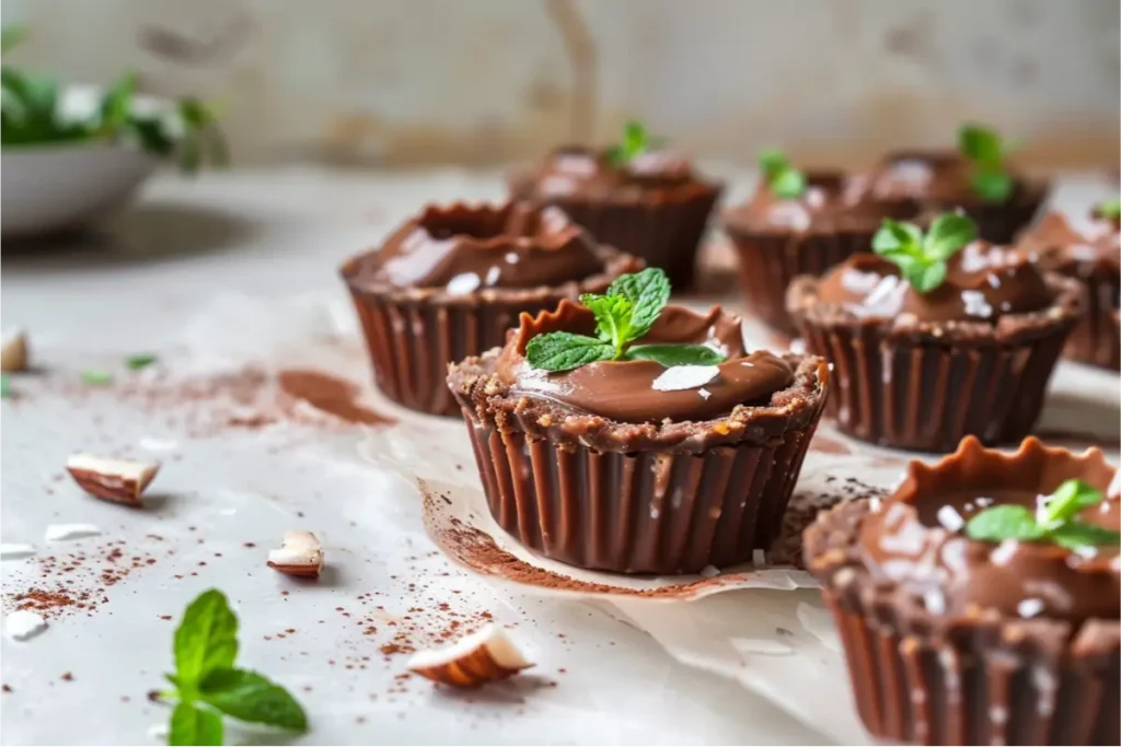 The Best Sugar-Free Gluten-Free Holiday Desserts Everyone Will Love 2 Best Sugar-Free Gluten-Free Holiday Desserts featuring dark chocolate no-bake mint cups with a cacao oat and pecan crust, filled with glossy peppermint ganache, styled in parchment liners on pale marble with soft cream linens, fresh mint accents, warm natural window light, shallow depth of field, cozy modern holiday kitchen mood, realistic gluten-free texture.