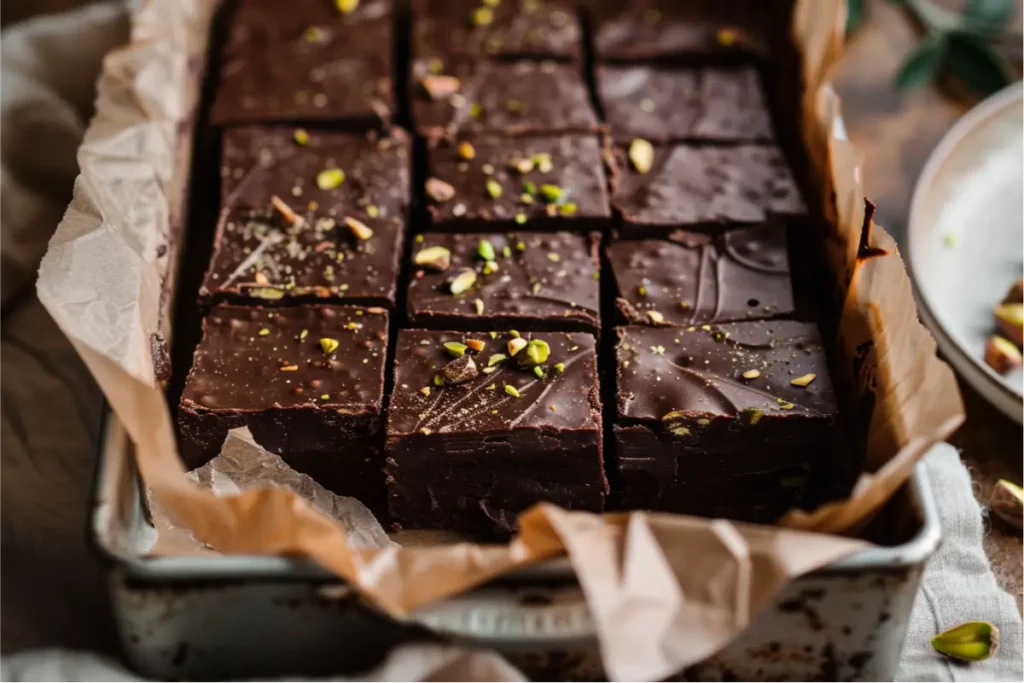 The Best Sugar-Free Gluten-Free Holiday Desserts Everyone Will Love 8 Dense, glossy chocolate fudge squares with visible swirls of pistachio butter, topped with chopped pistachios. Set in a parchment-lined loaf pan on a clean marble surface with soft natural window light spilling over. Subtle peppermint-green and blush-toned accents, with a hint of evergreen in the background. Cozy, inviting atmosphere with shallow depth of field and warm, realistic gluten-free textures.