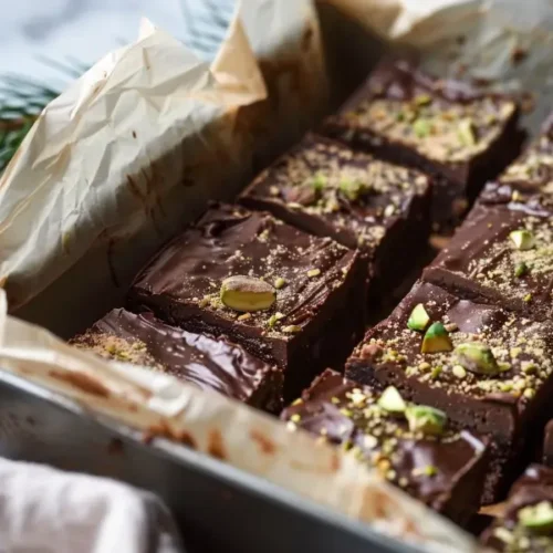 The Best Sugar-Free Gluten-Free Holiday Desserts Everyone Will Love 9 Close-up of glossy chocolate fudge squares, topped with pistachios, showing smooth texture with a slight sheen.