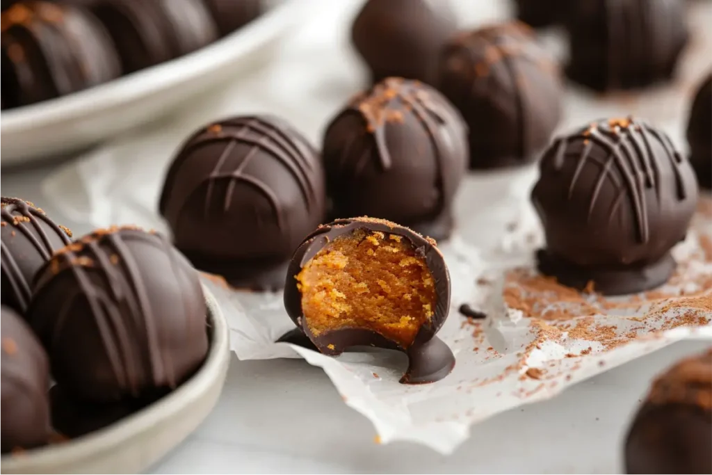 The Best Sugar-Free Gluten-Free Holiday Desserts Everyone Will Love 10 Chocolate-dipped pumpkin truffles with a smooth dark chocolate shell and dense pumpkin-orange center, arranged on parchment paper over pale marble, softly lit by warm natural window light, with linen napkins, ceramic plate edges, cocoa dusting, mint accents, and a cozy modern kitchen background showing realistic gluten-free texture.