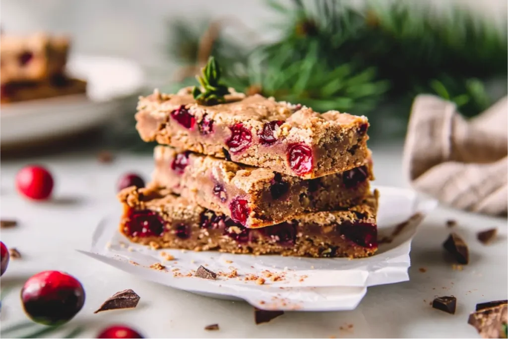 The Best Sugar-Free Gluten-Free Holiday Desserts Everyone Will Love 6 Soft-baked vegan cranberry bliss bars sliced on parchment paper, almond flour crumb with visible dried cranberries and white chocolate flecks, lightly golden edges and pale centers, styled on a ceramic plate with linen napkin, mint sprigs, and subtle evergreen accents, shot ultra-close in warm natural window light on a clean neutral kitchen counter with a cozy modern holiday feel, gluten-free texture visible.