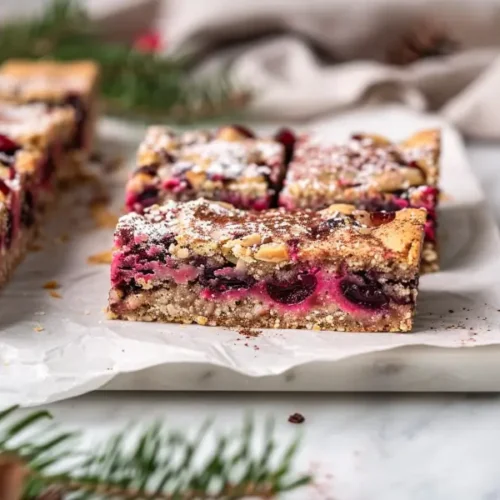 The Best Sugar-Free Gluten-Free Holiday Desserts Everyone Will Love 7 Vegan Cranberry Bliss Bars (Almond Flour, Maple-Sweetened, Gluten-Free) cut into soft squares with golden edges and visible cranberry pieces on parchment paper.