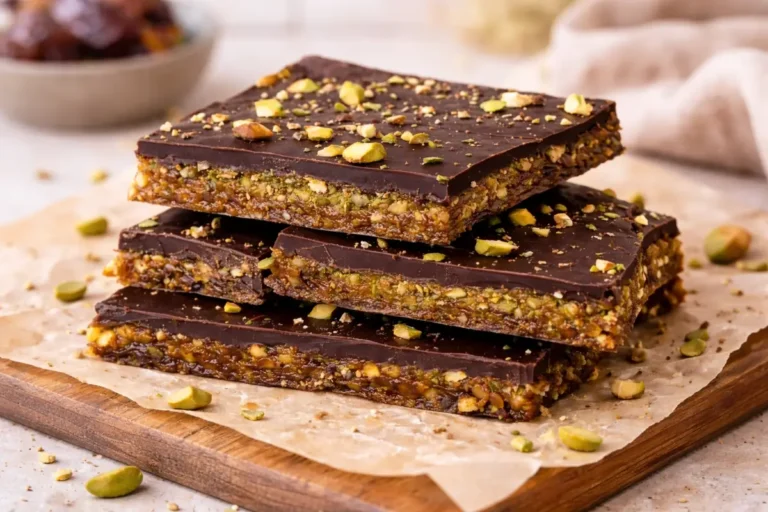 5-Ingredient Easy Viral Dubai Chocolate Date Bark You’ll Love 12 Viral Dubai chocolate date bark topped with dark chocolate and pistachios on parchment paper