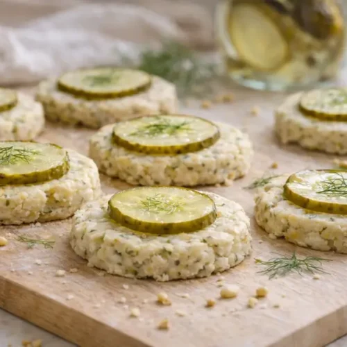 3-Ingredient Gluten-Free Pickle Cookies topped with dill pickle slices, no-bake and hand-pressed with a soft, dense texture on a neutral background.