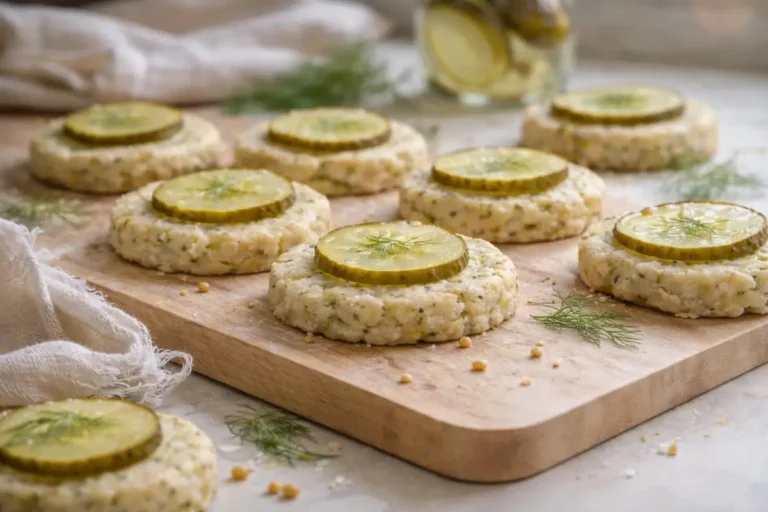 3-Ingredient Gluten-Free Pickle Cookies (Easy & Viral) 7 Pale beige no-bake gluten-free pickle cookies with visible green flecks and soft crumbly edges, each topped with a dill pickle coin, arranged on a light wood board in soft natural window light with fresh dill and a neutral kitchen background.