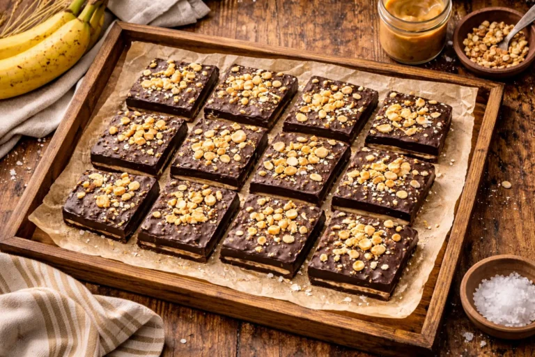 Gluten-Free Banana Bark – Easy Frozen Dessert That’s Gone Viral 6 Gluten-free banana bark sliced on tray with bananas and peanut butter