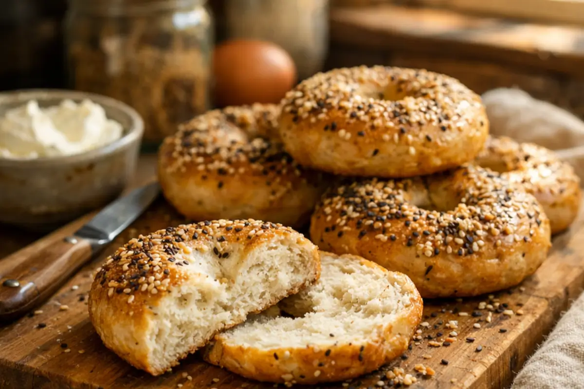High protein gluten free air fryer bagels on a cutting board
