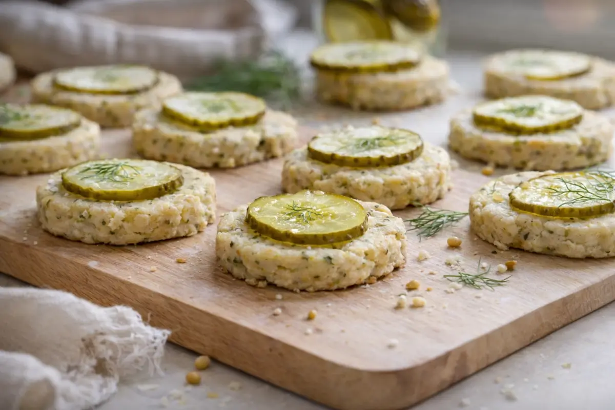 Hand-pressed gluten-free pickle cookies made from a pale cashew-based dough with green flecks, topped with pickle slices and lightly garnished with dill, photographed close-up on a wooden board in soft natural light.